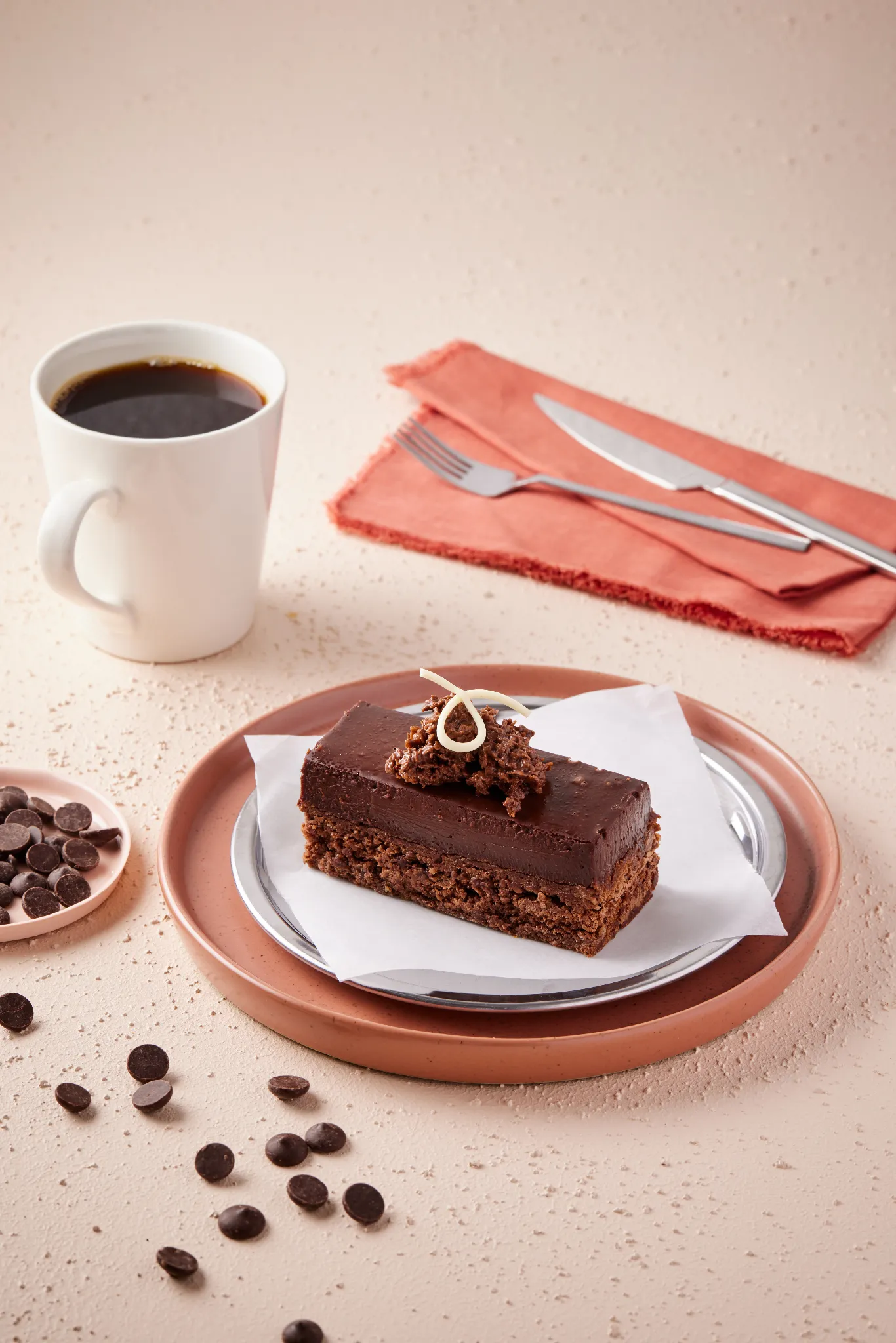 Atlanta food photography and styling — chocolate brownie with coffee and terracotta linens